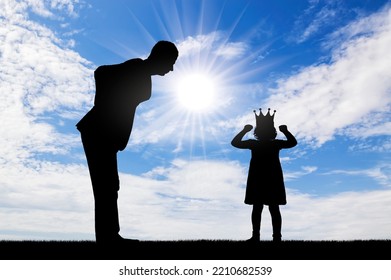 Childish Selfishness. Dissatisfied Parent Dad And Selfish Child Girl With Crown Is Naughty. The Concept Of Behavior Is Childish Egoism And Upbringing. Social Problems. Silhouette