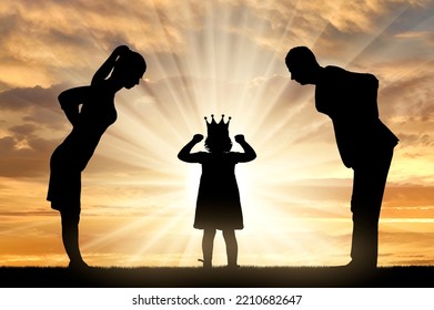 Childish selfishness. Dissatisfied parents Dad and Mom condemningly look at the selfish child girl with a crown. The concept of behavior is childish egoism and whims. Social problems. Silhouette - Shutterstock ID 2210682647