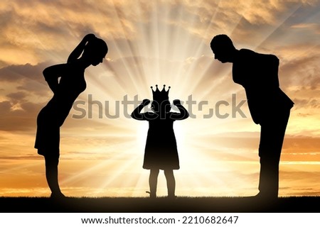 Childish selfishness. Dissatisfied parents Dad and Mom condemningly look at the selfish child girl with a crown. The concept of behavior is childish egoism and whims. Social problems. Silhouette