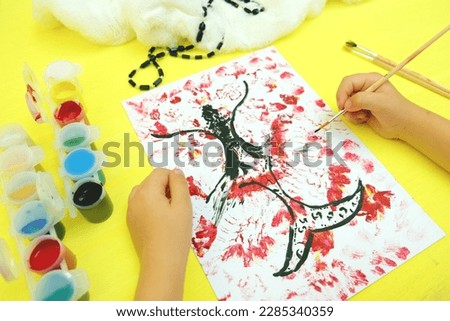 Childlike drawing abstract with silhouette mermaid background. Colorful abstract artwork hand painted. Children painting style
