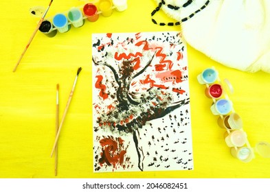 Childlike Drawing Abstract Silhoutte Of Dancing Girl Or Woman In Free Style. Colorful Abstract Artwork Hand Painted. Children Painting Style