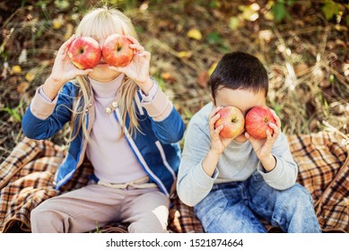 Children With Apple In Apple Orchard. Eating Organic Apple. Harvest Concept. Garden, Boy And Girl Eating Fruits At Fall. Apple Picking