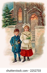 Children attending church on a snowy Christmas eve - a circa 1908 vintage illustration