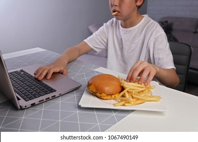 Children Bad Eating Habits, Kid Eating Unhealthy Junk Food Sandwich And Watching TV