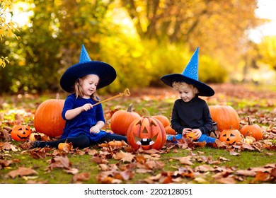 Children in blue witch costume and hat play with pumpkin and spider in autumn park on Halloween. Kids trick or treat. Boy and girl carving pumpkins. Family fun in fall. Dressed up child.
