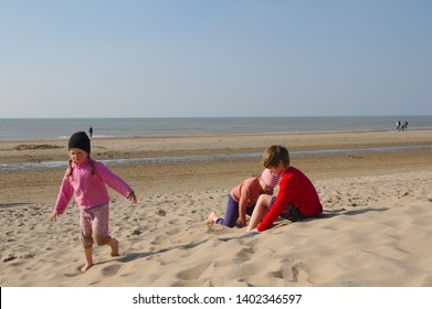 Children, brother and two sisters and puppy cavalier king charles spaniel playing in the dunes in holland