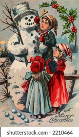 Children building a snowman - circa 1910 vintage greeting card illustration - 'A merry Christmas'