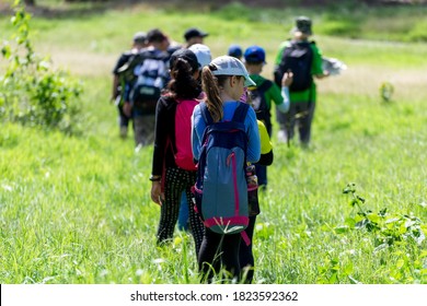 Children And Care Teachers Was Walking Through A Wide Meadow In School Field Day Activities.