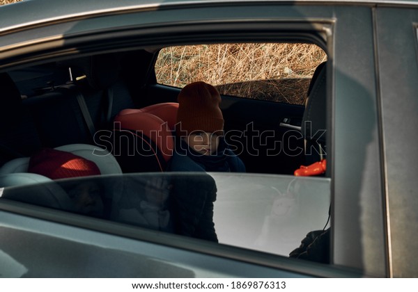Children in child seats in the car. Safe travel\
by car with children