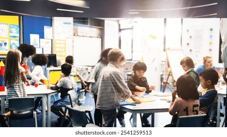 Children in a classroom, diverse group, engaged in activities. Classroom setting with diverse children learning and interacting. Kids in a classroom environment. Education and knowledge concept. - Powered by Shutterstock