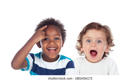 Children covering the ears and shocked by a loud sound isolated on a white background