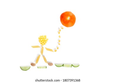 Children Craft - Picture From Macaroni, Tomato, Cucumber - Man With Red Balloon 