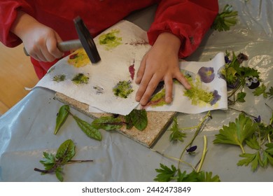 Children And Creative Workshop With Natural Materials. Old Japanese Printing Technology 