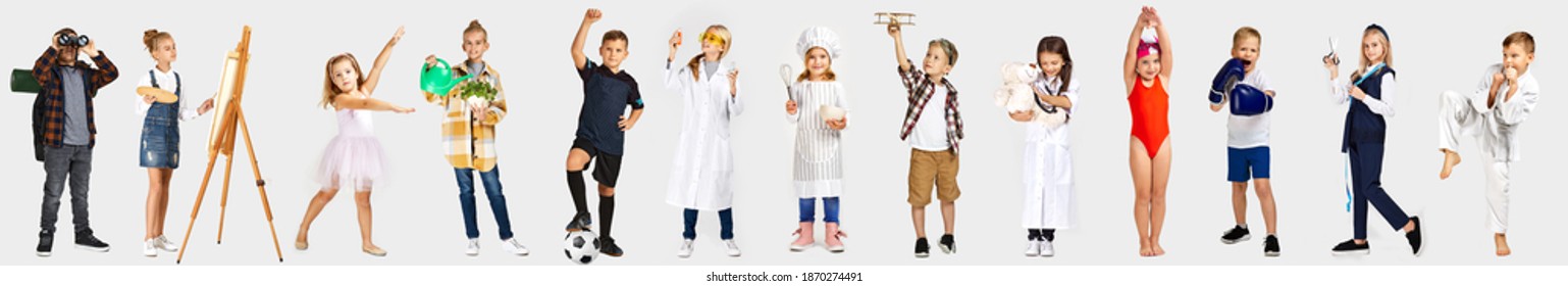 Children Dream Of The Future. Little Child Girl And Boy Want To Become Football Player, Ballerina, Doctor, Scientist, Chef, Tailor, Artist, Swimmer, Gardener, Boxer Or Pilot.