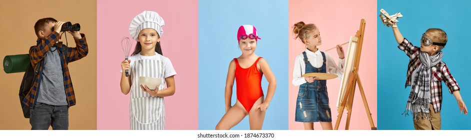 Children Dream Of The Future. Little Child Girl And Boy Want To Become Famous Traveler, Pilot, Cook, Swimmer And Artist.
