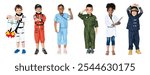 Children dressed as various professionals Little kids in professional uniforms, dream jobs. Kids in playful outfits, smiling and posing. Divere kids in dream job costumes.