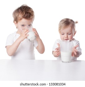 Children Drink Milk, Isolated On White Background