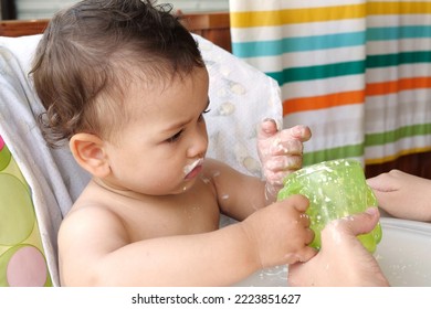 Children Eating Healthy Food At Home Or Kindergarten. Happy Toddler Boy Drinking White Kefir.