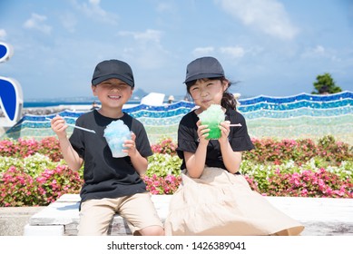 Children Eating Shaved Ice In Okinawa