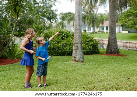 Children explore nature in their neighborhood, collecting items for a scavenger hunt and pointing at a bird nest
