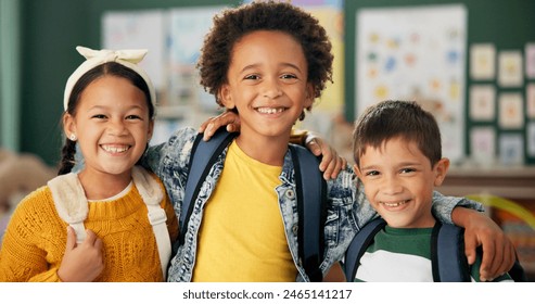 Children, face and smile as friends at school with backpack in youth classroom, excited or education. Boys, girl and portrait at academy campus or lesson learning or knowledge, diversity or student - Powered by Shutterstock