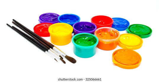 Children Finger Paint And Paintbrushes Isolated On A White