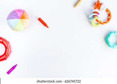 Children Flat Lay With Toys White Background Top View Space For Text