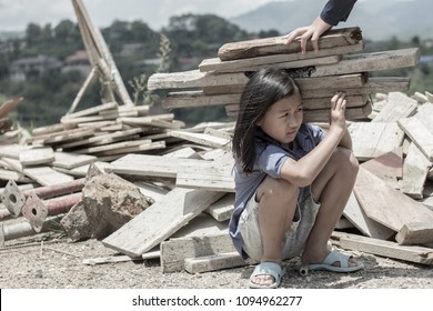 Children Are Forced To Work Construction., Violence Children And Trafficking Concept,Anti-child Labor, Rights Day On December 10.