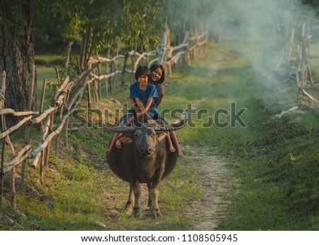 The children are funny with buffalo,smiling face of a little girl in country asia.Thai Upcountry Culture,Occupation concept.