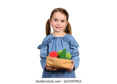 Children Girl Studio Portrait With Basket Full Of Fruit On Isolated On White Background.