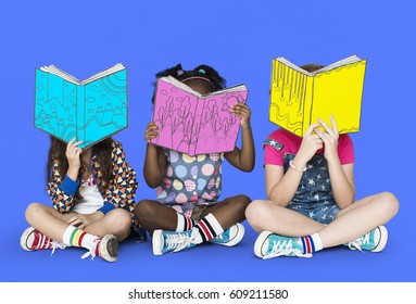 Children Girlfriends Reading Book Education Togetherness Studio Portrait