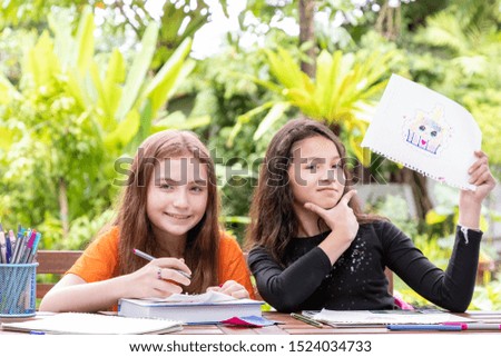 Similar – Image, Stock Photo Two little kids holding her hands on a summer day