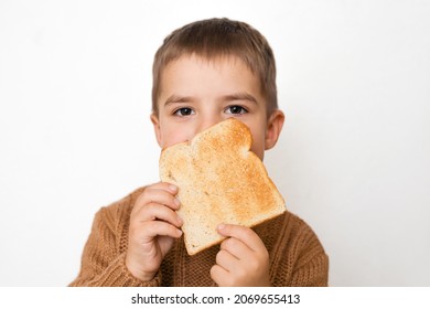 Children And Gluten. Preschool Boy With Toasted Bread. Gluten Intolerance By Kids. Copy Space On Bread For Text Or Symbol.