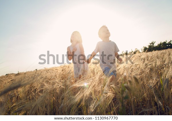 Children Go Field Wheat Boy Girl Stock Photo Edit Now