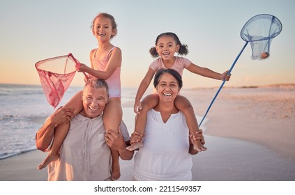 Children, Grandparents And Fishing With A Family On The Beach During Summer For Holiday, Vacation Or Travel. Kids, Happy And Ocean With A Senior Man, Woman And Their Grandkids By The Sea At Sunset