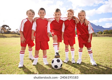 Children, group portrait and soccer team on grass, happy and collaboration or support. People, kids and ready for match and partnership or teamwork, smiling and solidarity or energy for game or match - Powered by Shutterstock