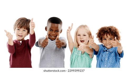 Children, group and thumbs up for diversity in studio portrait with smile, agreement and white background. Girl, boy or isolated friends for happiness, hand like or solidarity for kids with kindness - Powered by Shutterstock