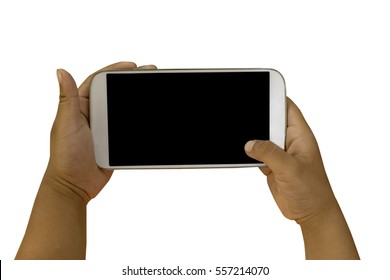 Children Hand Holding Smart Phone On White Background.