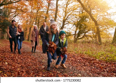 Children With Handful Of Leaves As Multi-Generation Family Walking Along Autumn Woodland Path