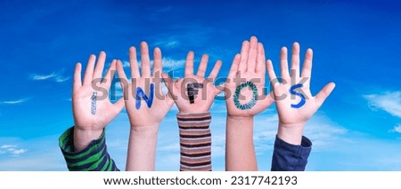 Children Hands Building Colorful German Word Infos Means Information. Blue Sky As Background