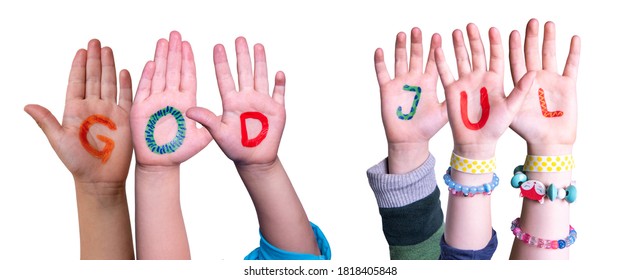 Children Hands Building God Jul Means Merry Christmas, Isolated Background