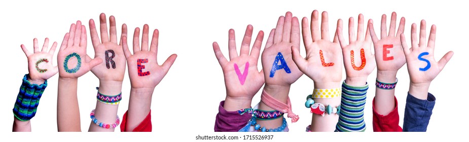 Children Hands Building Word Core Values, Isolated Background