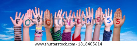 Children Hands Building Word Forgiveness, Blue Sky