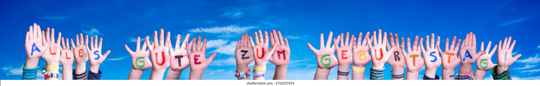 Children Hands Building Word Geburtstag Means Happy Birthday, Blue Sky - Powered by Shutterstock