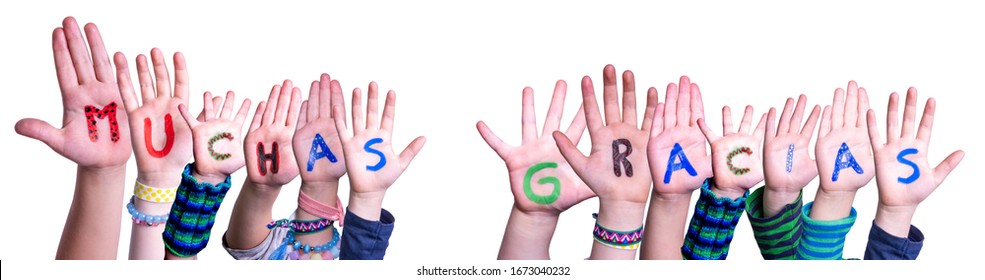 Children Hands Building Word Muchas Gracias Means Thank You, Isolated Background