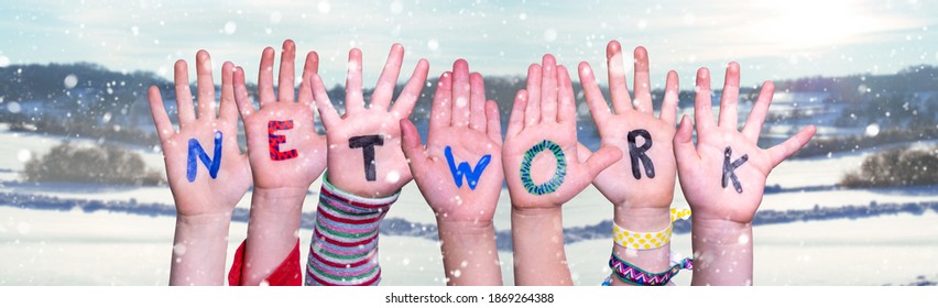Children Hands Building Word Network, Snowy Winter Background - Shutterstock ID 1869264388