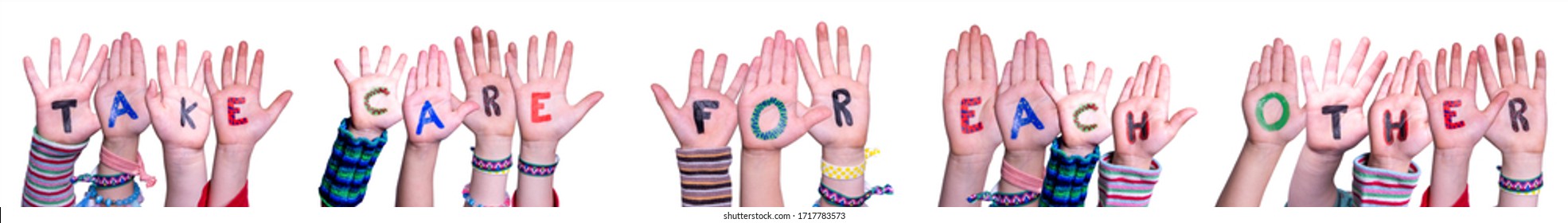 Children Hands Building Word Take Care For Each Other, Isolated Background