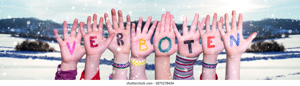 Children Hands Building Word Verboten Means Forbidden, Snowy Winter Background - Shutterstock ID 1875278434