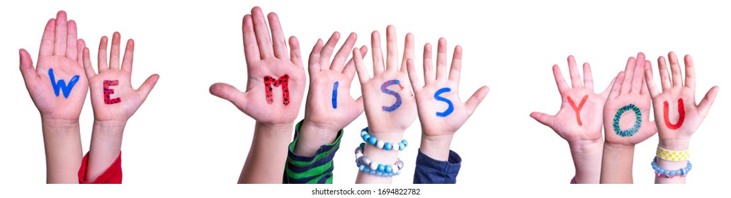 Children Hands Building Word We Miss You, Isolated Background