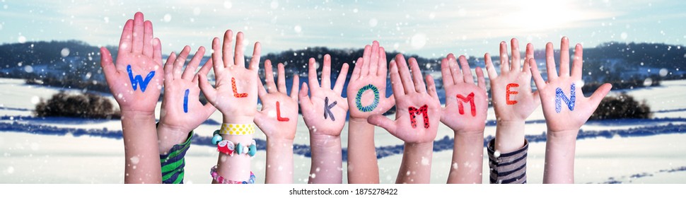 Children Hands Building Word Willkommen Means Welcome, Snowy Winter Background - Shutterstock ID 1875278422